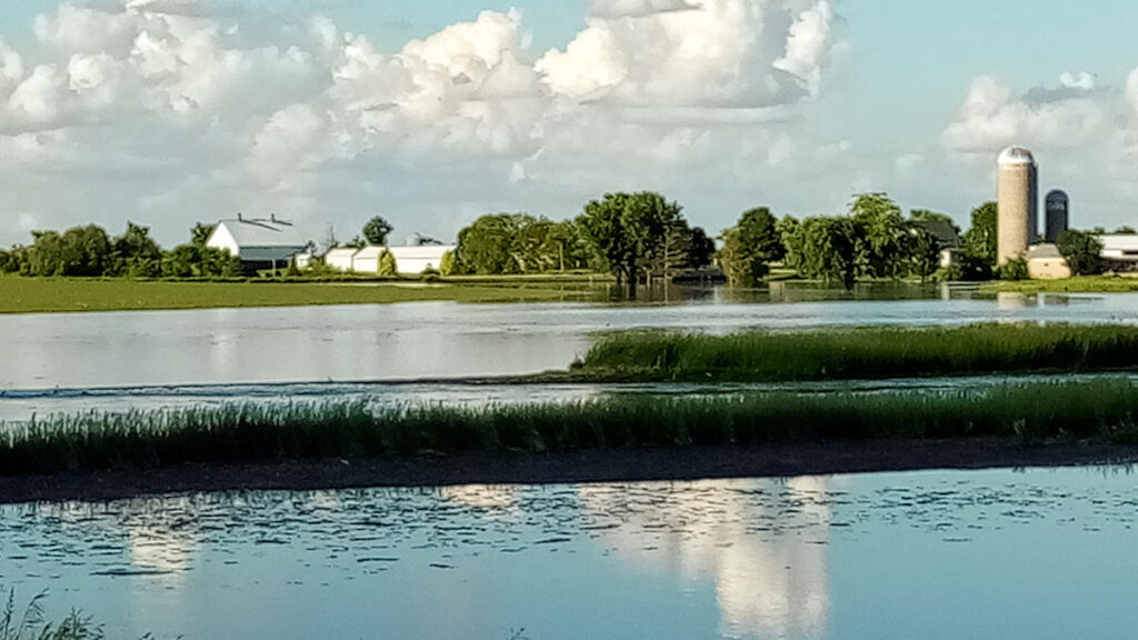 Flooded farm fields, looking like lakes for fishing.