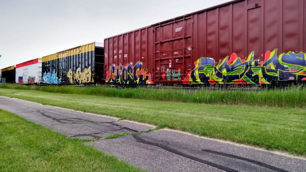 Graffiti train cars beside bike trail 